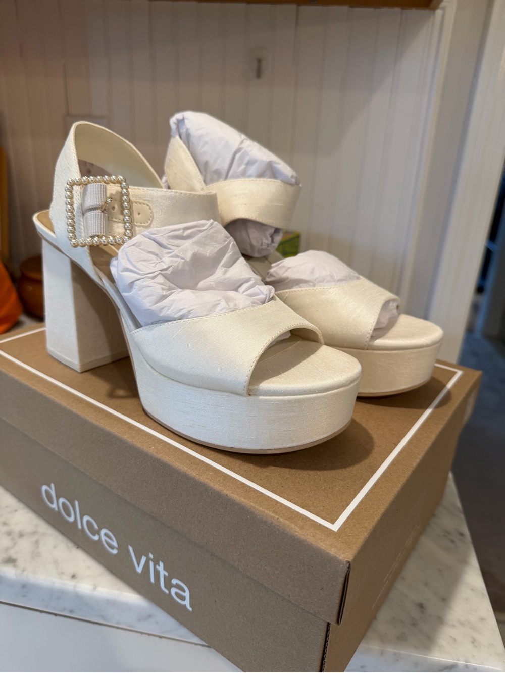 Dolce Vita Cream Platform Block Heel Sandals with Pearl Buckle